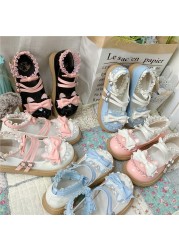 Kawaii Lolita Shoes Femme Fashion Lace Zapatillas Mujer 2021 Autumn Heart Patchwork Woman Flats Mix Color Buckle Women's Shoes