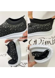 Rimocy Shining Crystal Flats Women Spring Breathable Knit Platform Sneakers Woman Comfortable Soft Bottom Non-slip Sneakers