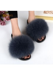 Women Summer Fluffy Fur Slippers Flat Non-slip Solid Real Furry Fur Slides Platform Shoes Plush Fur Sandals Flip Flops Women