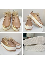 Rimocy Shiny PU Leather Thick Bottom Sneakers Woman Plus Size 43 Lace Up Platform Shoes Women Gold Silver Flats Zapatos De Mujer