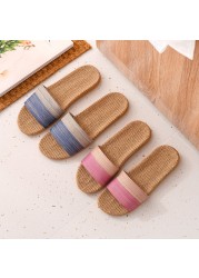 Women Linen Home Slippers Summer Casual Slides Beach Shoes Ladies Indoor Linen Slippers Bohemia Striped Flip Flops Sandals