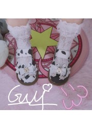 Kawaii Cow Print Girls Mary Janes 2022 Japanese Style Patchwork PU Bow Lolita Spring Shoes Black White Lace Zapatillas Mujer