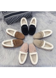 Women Slippers Winter Bow Tie Plush Warm Shoes Inside Loafers Indoor Slippers Ladies Ladies Slip On Shoes Chaussure Femme Women Shoes Non-leather Casual Shoes Women's Shoe Brand