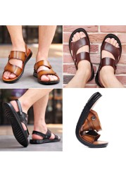 2022 summer new fashion men shoes vintage genuine leather non-slip beach slip-on sandals travel flip-flops black brown