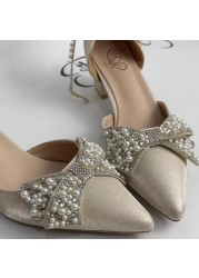 Rimocy Elegant Pointed Toe Crystal Bowtie Pumps Women Pearl Ankle Strap High Heels Shoes Woman White Slik Wedding Shoes Lady