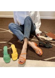 2022 New Summer Elegant Women 5cm Square High Heels Slides Mules Designer Yellow Green Heels Beach Slippers Female Shoes