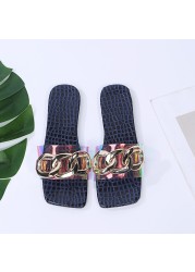 Women Slippers Summer New Metal Chain Decoration Square Heel Sandals Light Comfortable Outdoor Beach Slippers Flat Slides Shoes