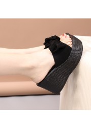 Lucyever thick bottom bowknot slippers women 2022 summer fashion wedges slides woman flat with platform flip flops sapatos mujer