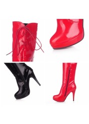 REAVE CAT 2021 Sexy Over the Knee Boots Patent Leather Velvet Round Toe Lace Up Zip Platform 11cm Thin Heel US12 White Red A4348