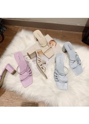 Women Slippers Sexy High Heels Outdoor Slides Women Summer Shoes Sandals Female Heels Square Toe Slippers Designer Brand Slippers