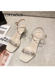 2022 Fashion Summer Thick Heels Sandals Women Ankle Strap Square Toe Sandals Crystal Women Sandals Zapatos De Mujer