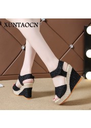 Women Sandals New Summer Fashion Lace Hollow Gladiator Wedges Shoes Woman Slides Peep Toe Hook & Loop Solid Lady Casual