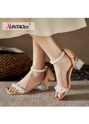 Mid-heel pearl strap sandals women's thick heel 2022 summer transparent one word with crystal high heels