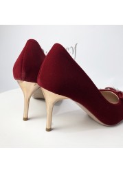 Rimocy Sexy Red Velvet Wedding Shoes for Women 2022 Luxury Pearl Bowknot Pointed Toe Pumps Woman Stiletto High Heel Dress