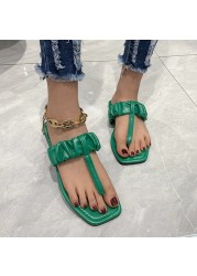 Lucyever 2022 Summer Clip Toe Flat Slippers Women Pleated Pu Leather Square Toe Sandals Woman Solid Outdoor Flip Flops Mujer 43