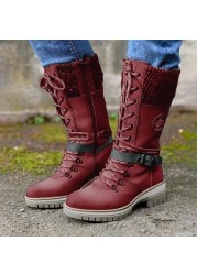 Women's Winter Side Pull Lace-up Knitted Mid Tube Boots Low Heel Round Toe Boots High Quality Winter Warm Boots Botas De Mujer