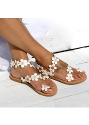 Women Bohemia Flower Flat Summer Sandals Shoes Slippers Ladies Girls Gladiator Sandals Pearl Shoes Sandalias Mujer Flip Flop 44