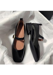 Rimocy Vintage Brown Low Heel Mary Jane Shoes for Women Spring Autumn Patent Leather Shoes Woman Square Toe Buckle Strap Pumps