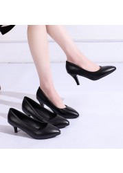 Lucifer 2022 Spring Black PU Leather Women Shoes Pointed Toe Slip On Office Women Shoes High Heels Shallow Mouth