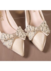 Rimocy Luxury High Heels Pearl Bowknot Women Pumps Pointed Toe Rhinestone Wedding Shoes Woman Champagne Silk Dress Party Pumps