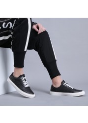 Genuine Leather Men's Sneakers Casual Canvas Shoes Breathable Ventilation Footwear Fashion Male Sneaker Black and White