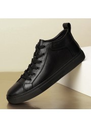 High-top sneakers for men, casual shoes, genuine leather, lace-up, non-slip, soft and breathable