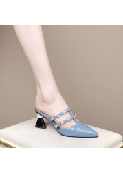 New Patent Leather Pointed Rhinestone Chain Bead Women Slippers Breathable Comfort High Heel Baotou Wearable Zapatos Mujer