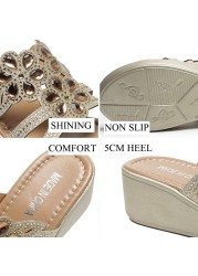 2022 Rimocy Fashion Crystal Wedge Heel Sandals Women Platform Chunky Platform Stiletto Gold Shiny Mid Heel Sandals