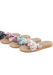 Summer Bowknot Linen Slippers Women Ladies Slippers Soft Bottom Silent Indoor Slippers Casual Slides Breathable Beach Shoes