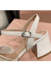 REAVE CAT Soft Comfortable Leather Women Sandals Square Toe Chunky Heels Pleated Buckle Strap 34-39 White Summer Elegant S3662