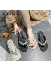 Flat Shoes Female Womens Slippers Outdoor Pantofle Low Rubber Flip Flops Slides 2022 Hawaiian Beach Glitter Fabric Crystal PU