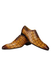 Oxfords shoes for men elegant party office retro casual suit crocodile print lace up high quality genuine leather pink and yellow