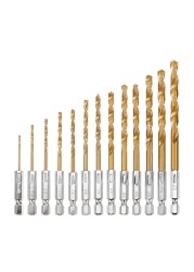 13pcs HSS High Speed ​​Steel Titanium Coated Drill Bit Set 1/4 Hex Shank 1.5mm-6.5mm Hexagonal Handle Twist Drill