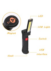 COB LED Flashlight Portable USB Rechargeable 5 Mode Car Work Light Magnetic Torch Hanging Hook Lamp for Camping Repair