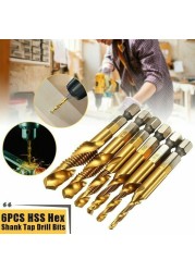 6/7pcs Hex Shank HSS Screw Thread Screw Tap Drill Bit Metric Tap Drill Bits Screw Machine Compound M3 M4 M5 M6 M8 M10 Hand Tool