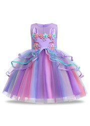 Summer Dress Girl Unicorn Cosplay Costume Children's Day Mesh Rainbow Tulle Princess Dress for Birthday Gift Kids Fashion Dress