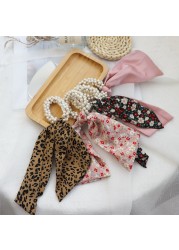 Fashion Women Pearl Hair Band Bandana Ropes Girl Bows Ponytail Scarf Ribbon Elastic Hair Accessories Scrunchie