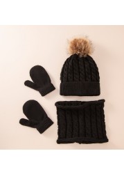 New Winter Hat Scarf Gloves Set For Kids 0-3 Years Boys Girls Children Cotton Warm Pom Poms Hat Sets Solid Color Cute Hat Scarf