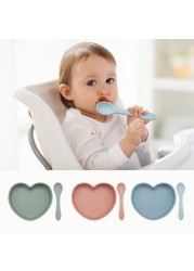 2022 New Heart Shaped Dinner Plate With Suction Baby Feeding Spoon Set Pure Silicone Easy To Clean BPA Free Baby Shower Gift