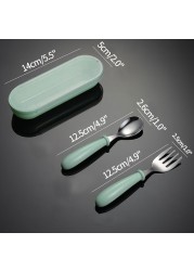 Stainless steel children fork spoon set baby learning short handle utensils cute baby training tableware infant feeding knives