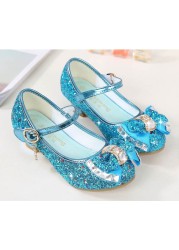 ULKNN-Girls Princess Leather Shoes Casual Floral Sequin High Heel Butterfly Bowknot Shoes Blue Pink Silver