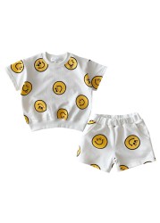 2021 Summer New Cotton Baby Clothes Set Boys and Girls Cute Smiley Print Tops + Shorts 2pcs Kids Children Clothing Suit