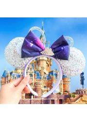 New Disney Mickey Mouse Ears Headband Space Lunar Mountain New Year Minnie Bow Pink Sequins Cartoon Anime Headdress Headband Gif