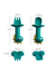 Baby Learn Spoon Fork Set Short Handle Easy Spoon Soft Silicone Utensil Toy Teether Feeding Tableware Dinosaur Spoon Tableware