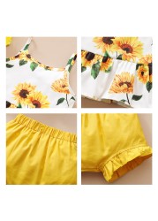 Baby Summer Clothes 0-3Y Baby Kids Baby Girls Clothes Yellow Sunflower Tops T-shirt Floral Bow Pants 3pcs Outfits Set