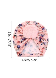 Cute Faux Fur Ball Baby Kids Turban Hat Floral Print Infant Headdress