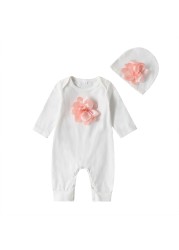 Newborn Baby Long Sleeve Romper 3D Floral Baby Onesie Jumpsuit Newborn Baby Clothes Set Hat Clothes Set