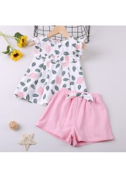 2022 New Summer Suit Clothing Sets Pattern Leaf Print Sleeveless Top+Pants 2pcs Kids Clothes Children's Clothing Girls Clothes