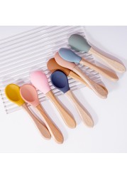 Wooden Feeding Handle Silicone Spoon For Baby Utensils Eat Soild Food Kids Training Ability Manipulation Children's Tableware