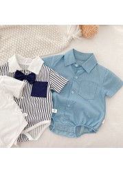 Summer 2022 Infant Boys Short Sleeve Bowtie Lapel Collar Gentleman Birthday Party Baby Bodysuits Rompers Toddler Outfits